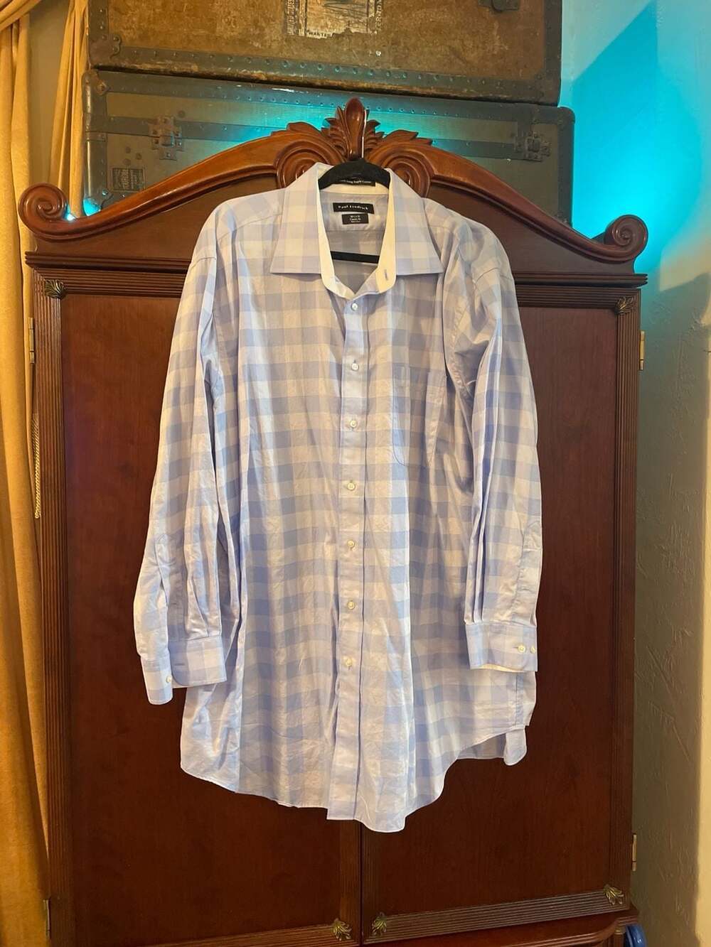 Paul Fredrick Mens Blue Gingham Checkered Long Sleeve Dress Shirt 18.5 x 34 Clas